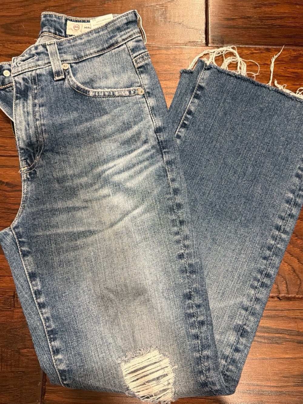 AG High Rise Light Blue Distressed Bootcut Jeans